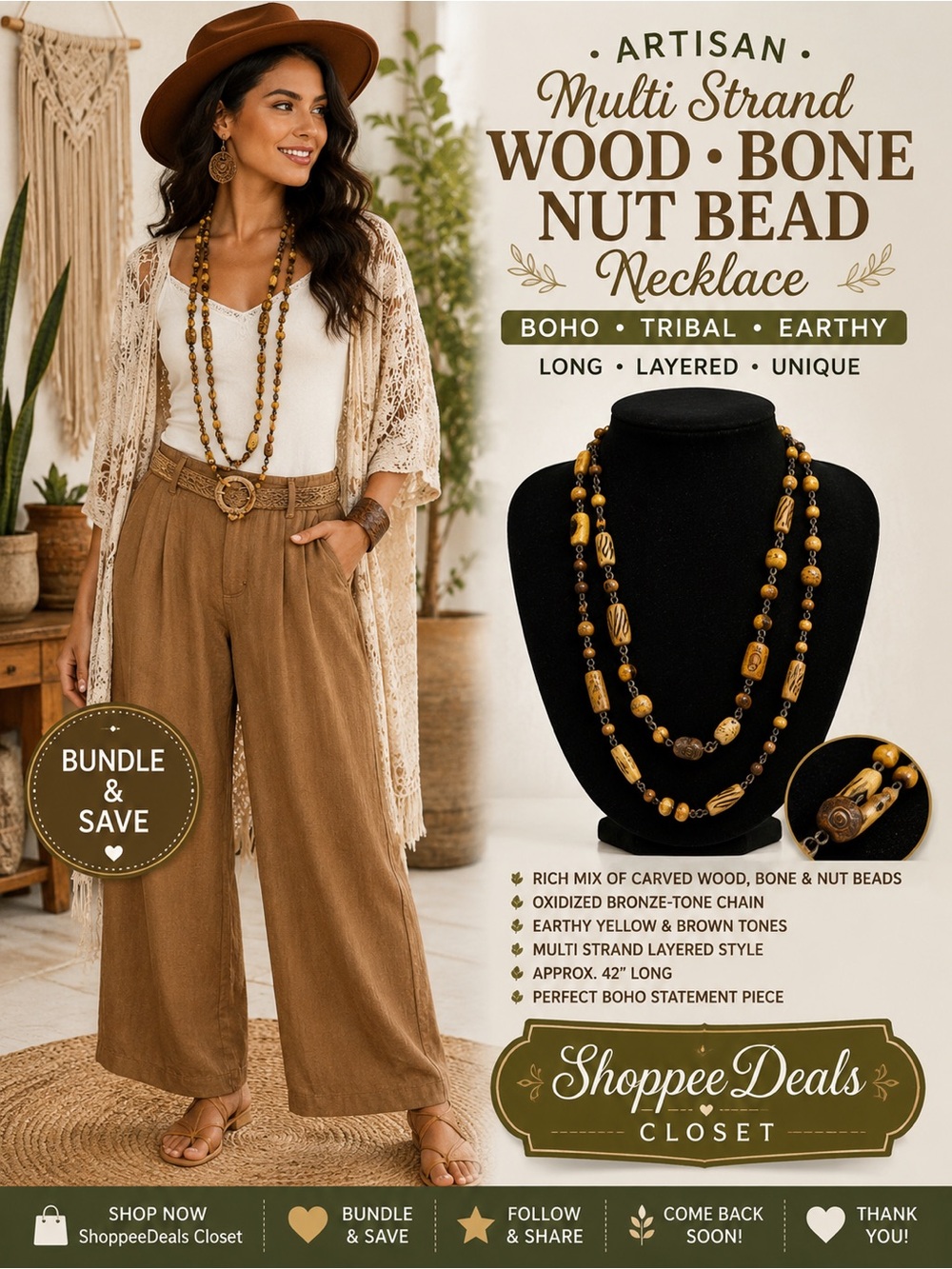 Artisan Multi Strand Wood Bone Nut Bead Necklace Boho Tribal Earthy Long